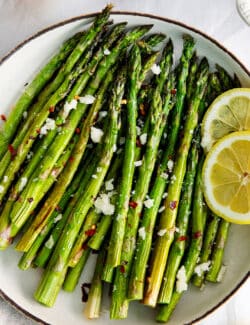 Overhead view of asparagus with lemon