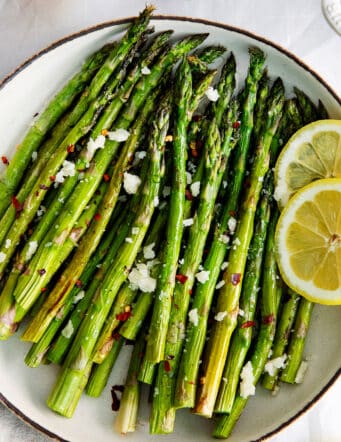 Overhead view of asparagus with lemon