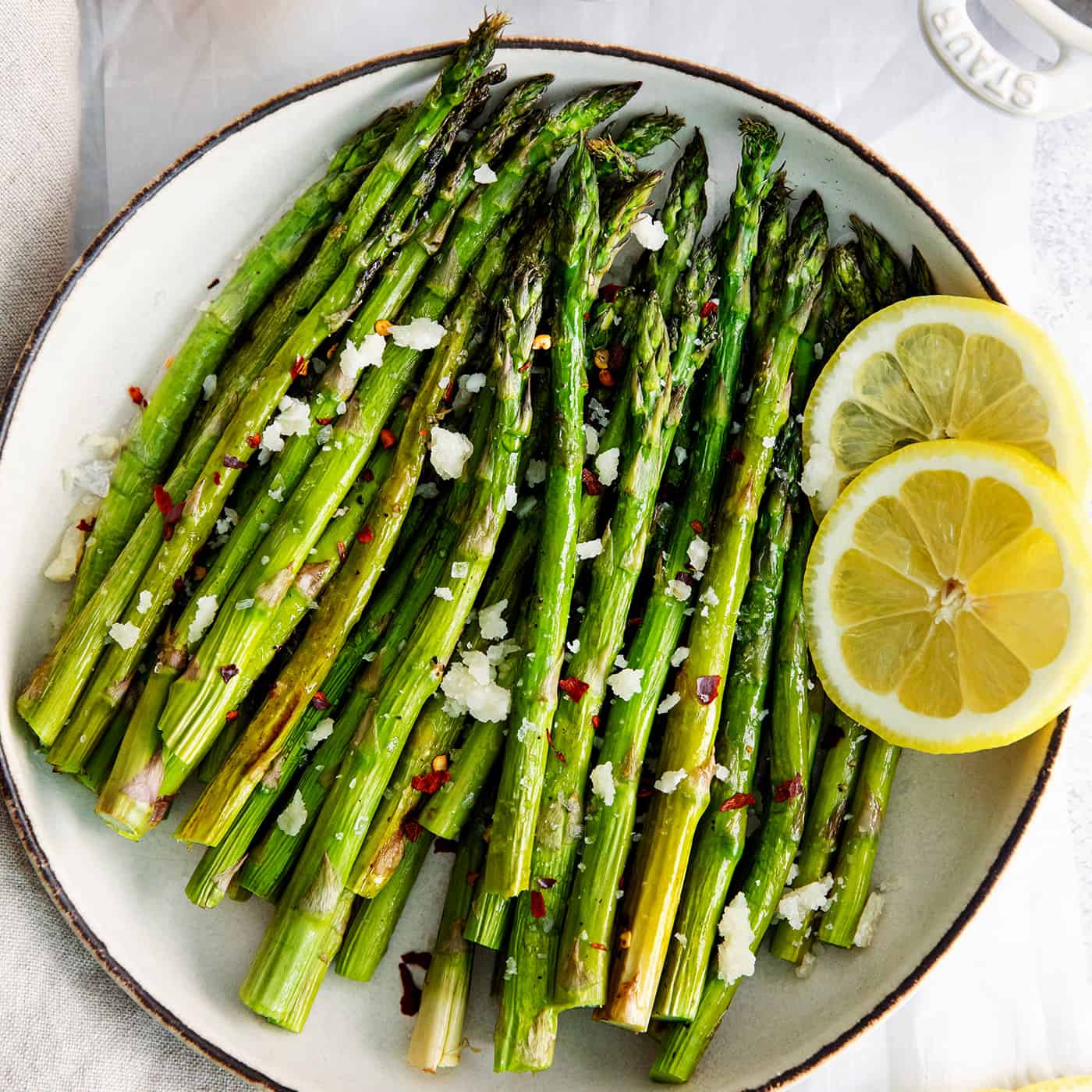 Overhead view of asparagus with lemon