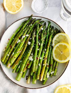 Overhead view of oven roasted asparagus