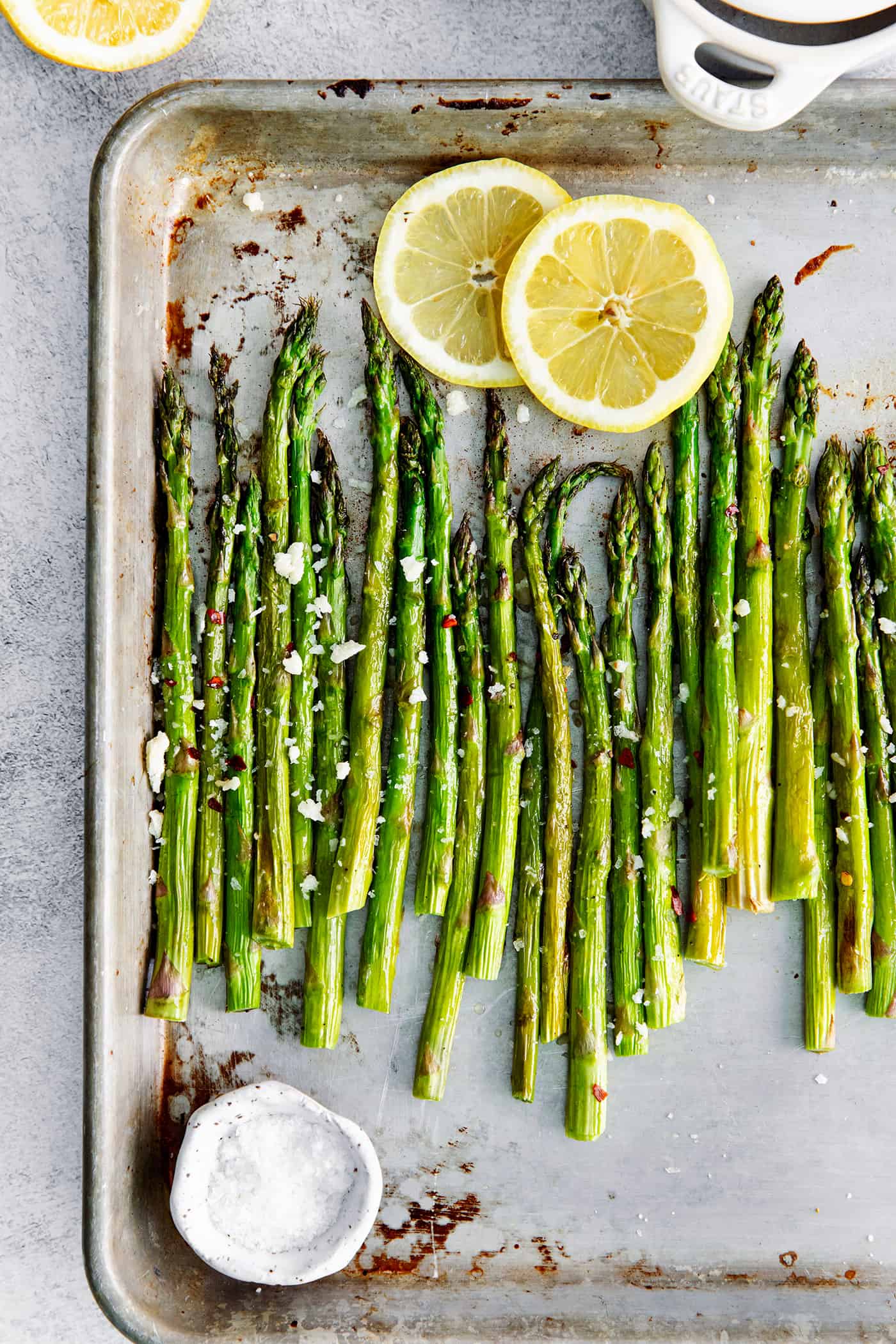 Roasted asparagus on a baking sheet