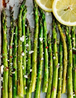 Roasted asparagus on a baking sheet