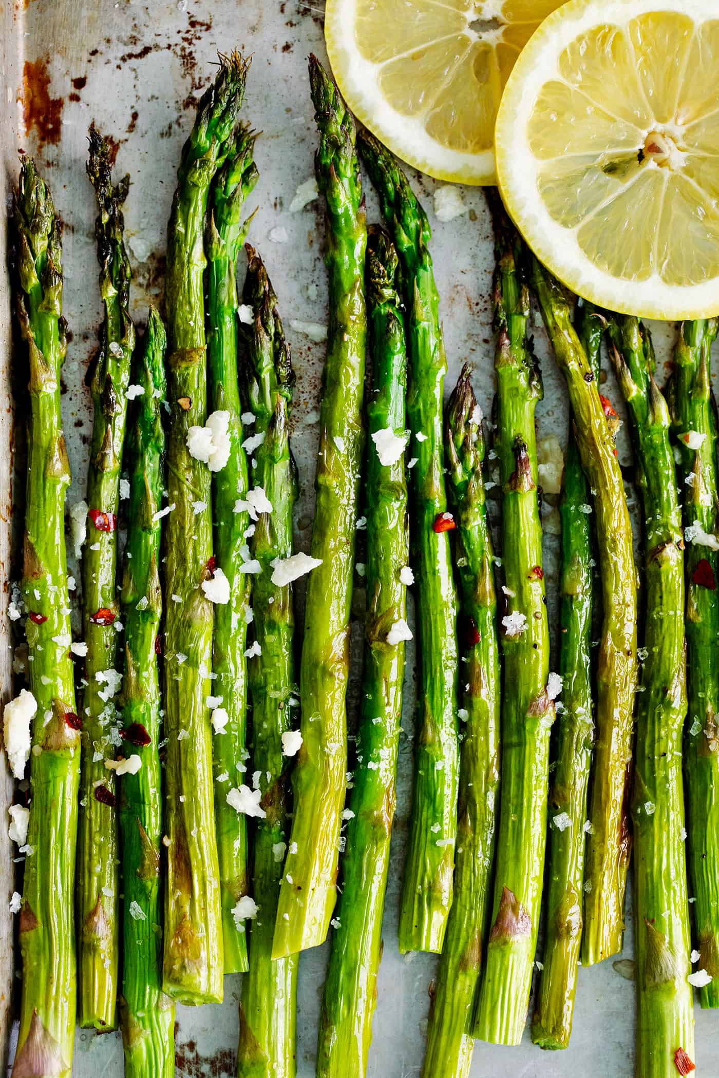 Roasted asparagus on a baking sheet