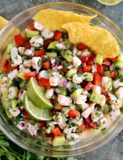 Overhead view of a bowl of shrimp ceviche