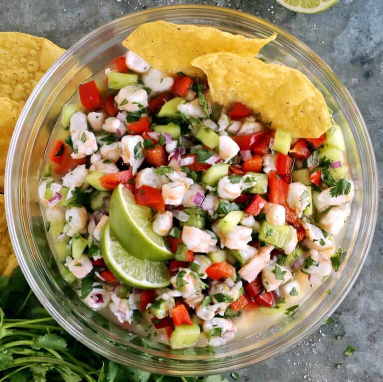 Overhead view of a bowl of shrimp ceviche