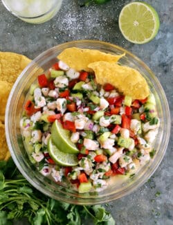 Overhead view of a bowl of shrimp ceviche