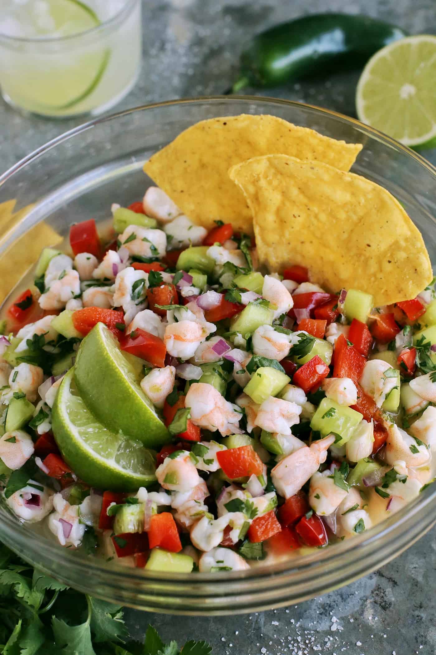 Overhead view of a bowl of shrimp ceviche