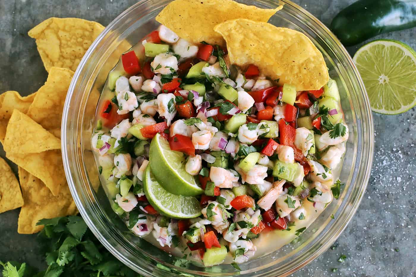 Overhead view of a bowl of shrimp ceviche