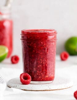 A jar of raspberry sauce