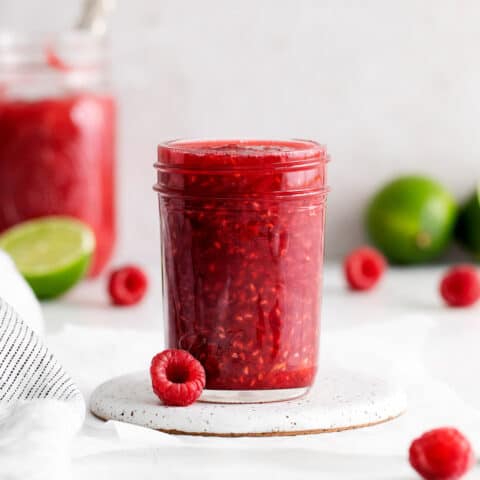 A jar of raspberry sauce