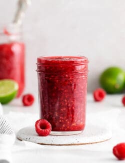 A jar of raspberry sauce