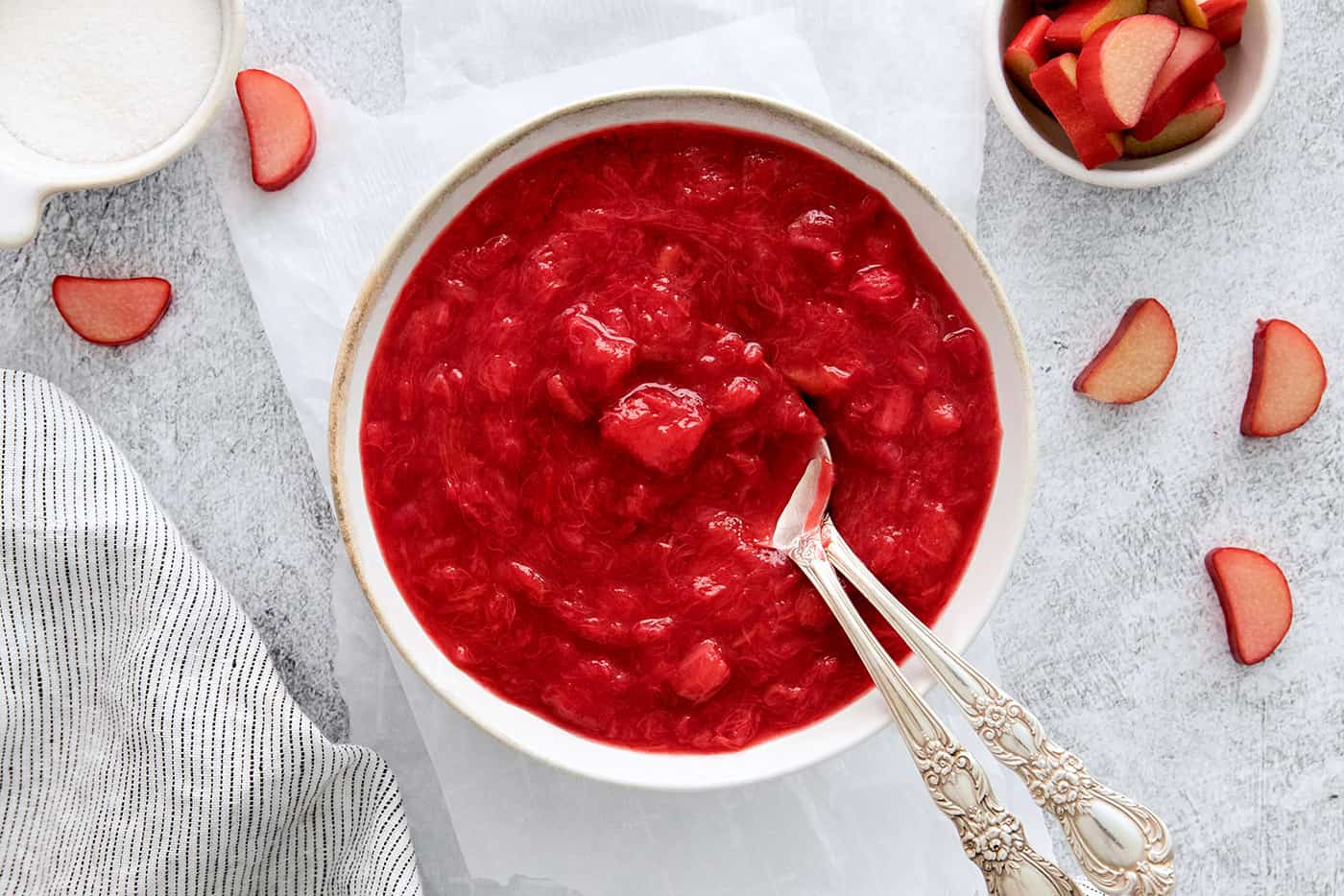 Overhead view of a bowl of rhubarb sauce