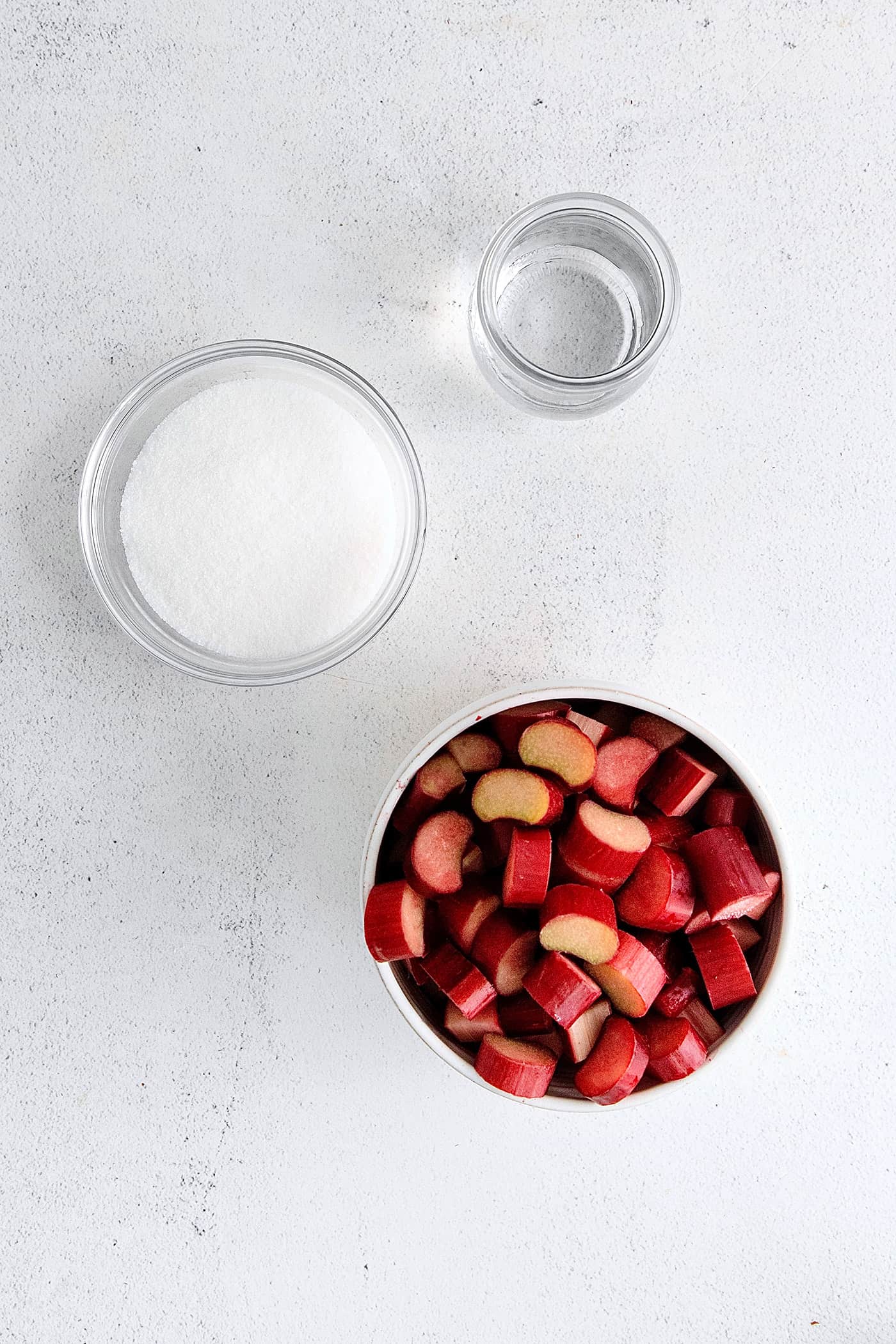 Overhead view of rhubarb sauce ingredients