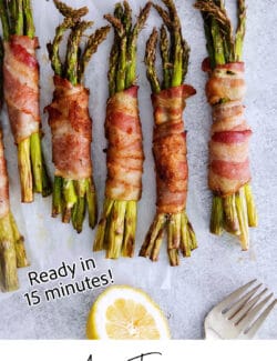 Pinterest image for air fryer bacon wrapped asparagus