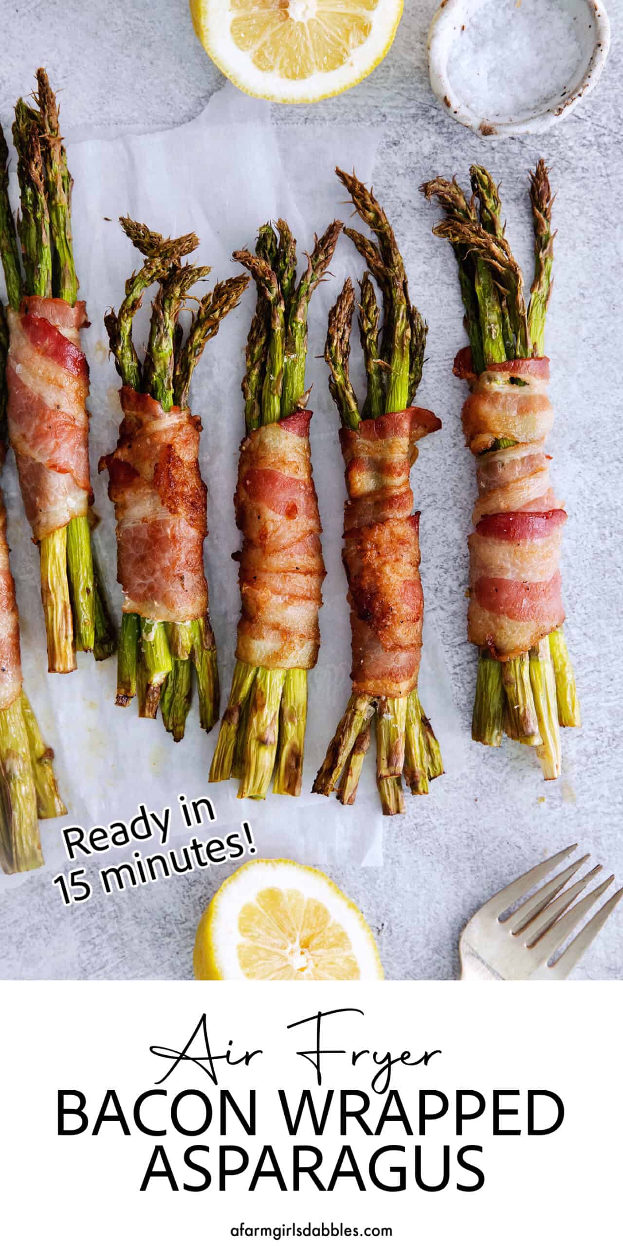 Pinterest image for air fryer bacon wrapped asparagus