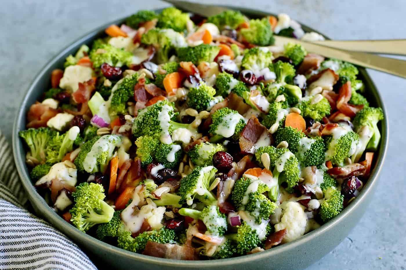 Overhead view of a bowl of homemade broccoli salad