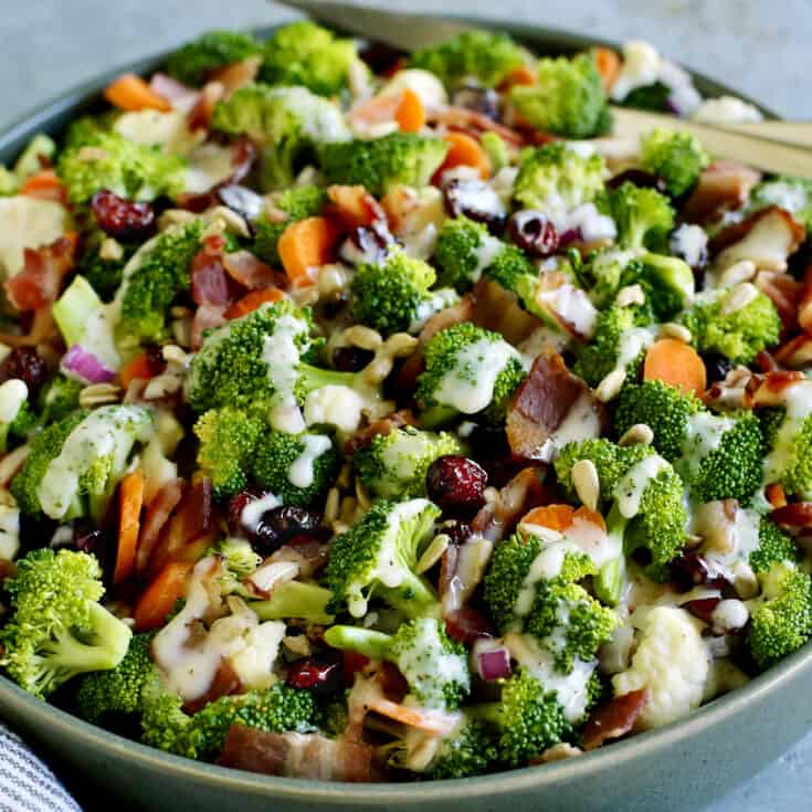 Overhead view of a bowl of broccoli salad with bacon