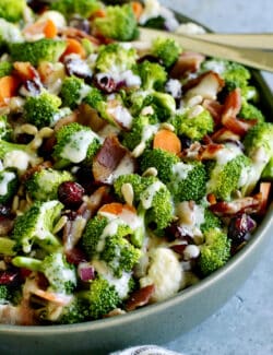 Overhead view of a bowl of broccoli cauliflower salad