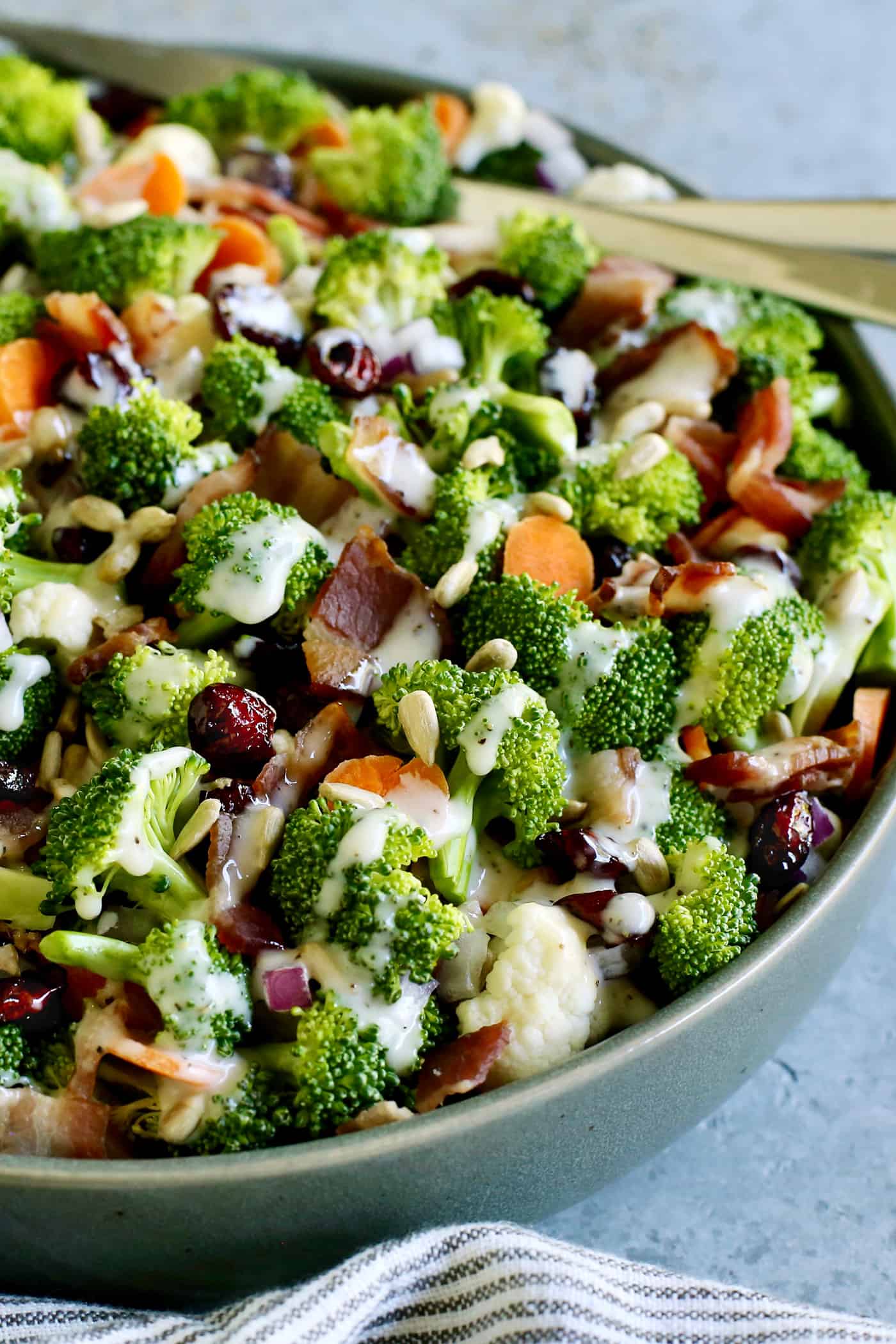 Overhead view of a bowl of broccoli cauliflower salad