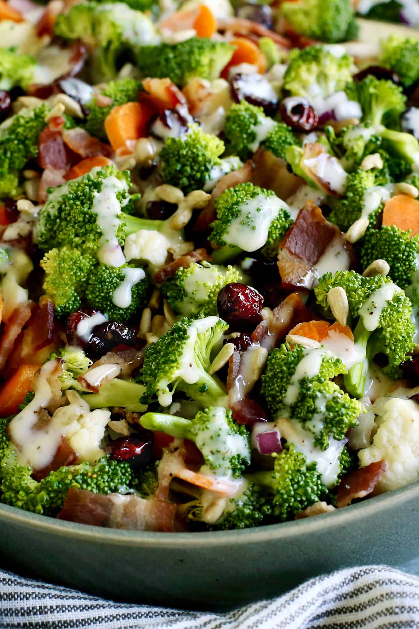 Closeup of broccoli cauliflower salad