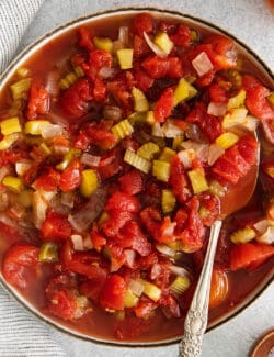 Overhead view of a bowl of chili stewed tomatoes