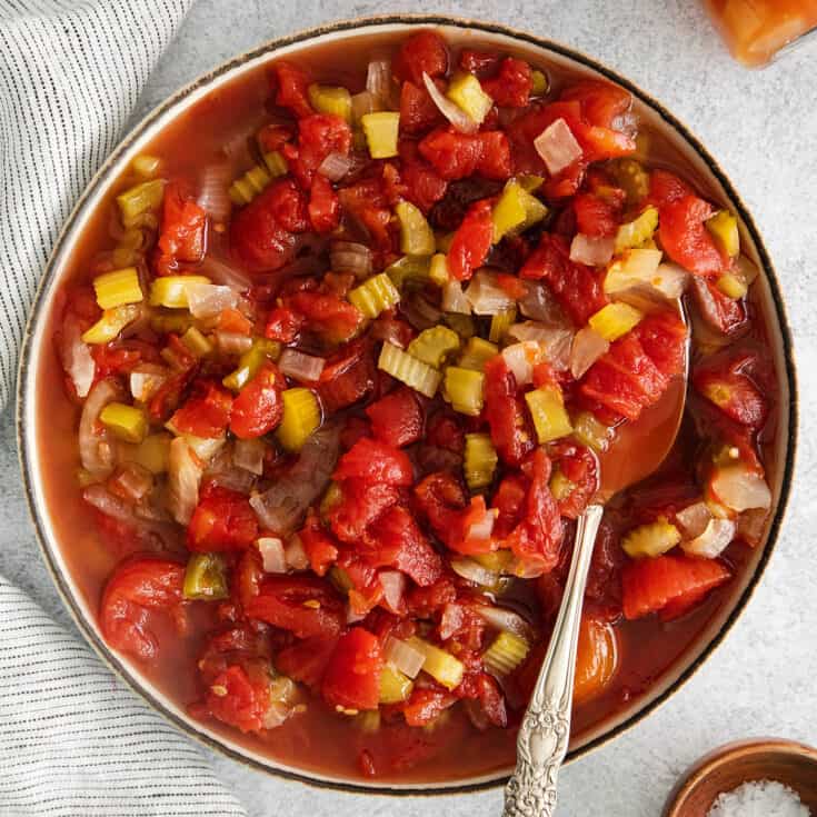 Overhead view of a bowl of chili stewed tomatoes