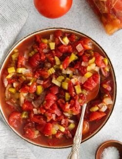 Overhead view of a bowl of chili stewed tomatoes