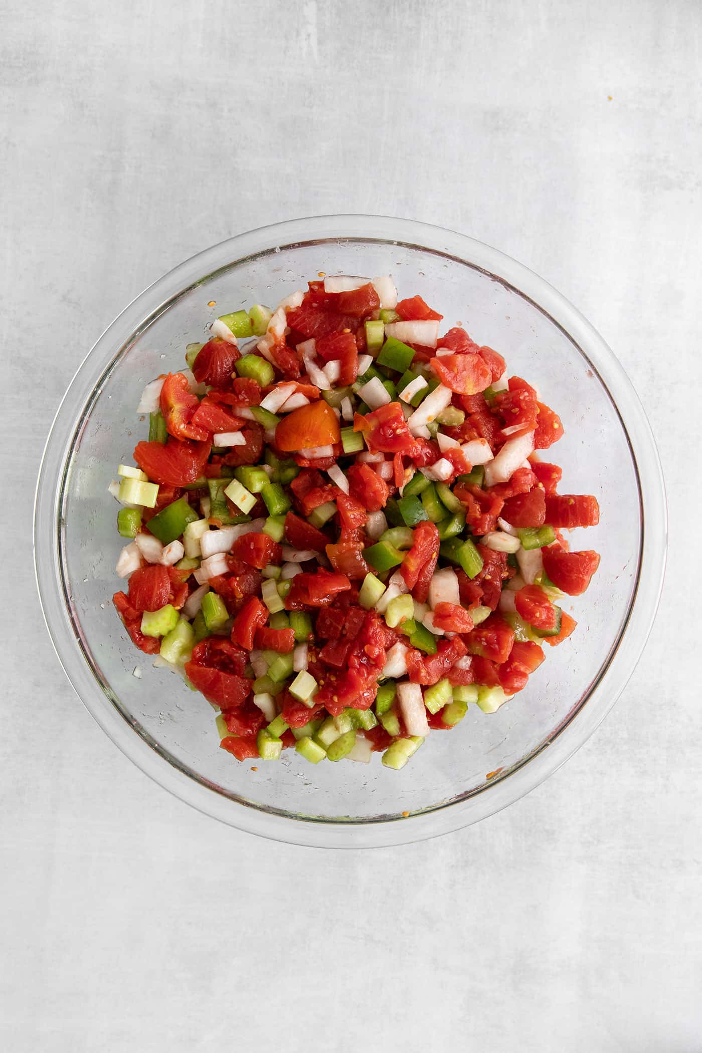 Diced veggies in a glass bowl