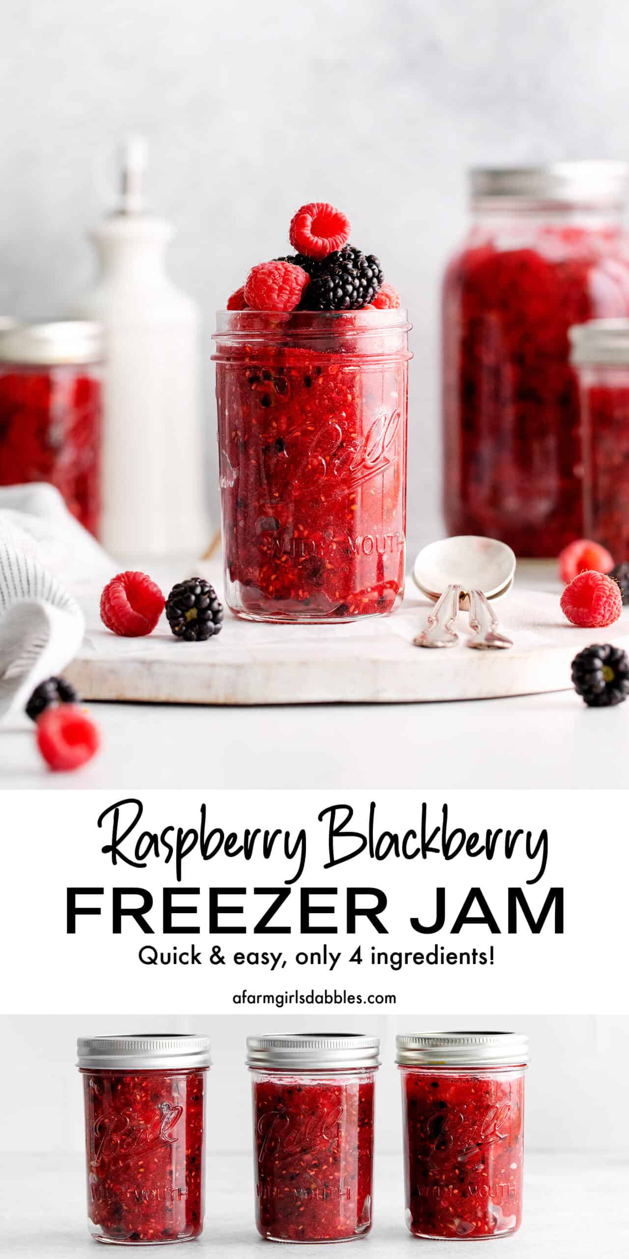 Pinterest image for raspberry blackberry freezer jam