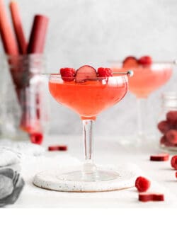 Pinterest image for raspberry rhubarb cosmopolitan