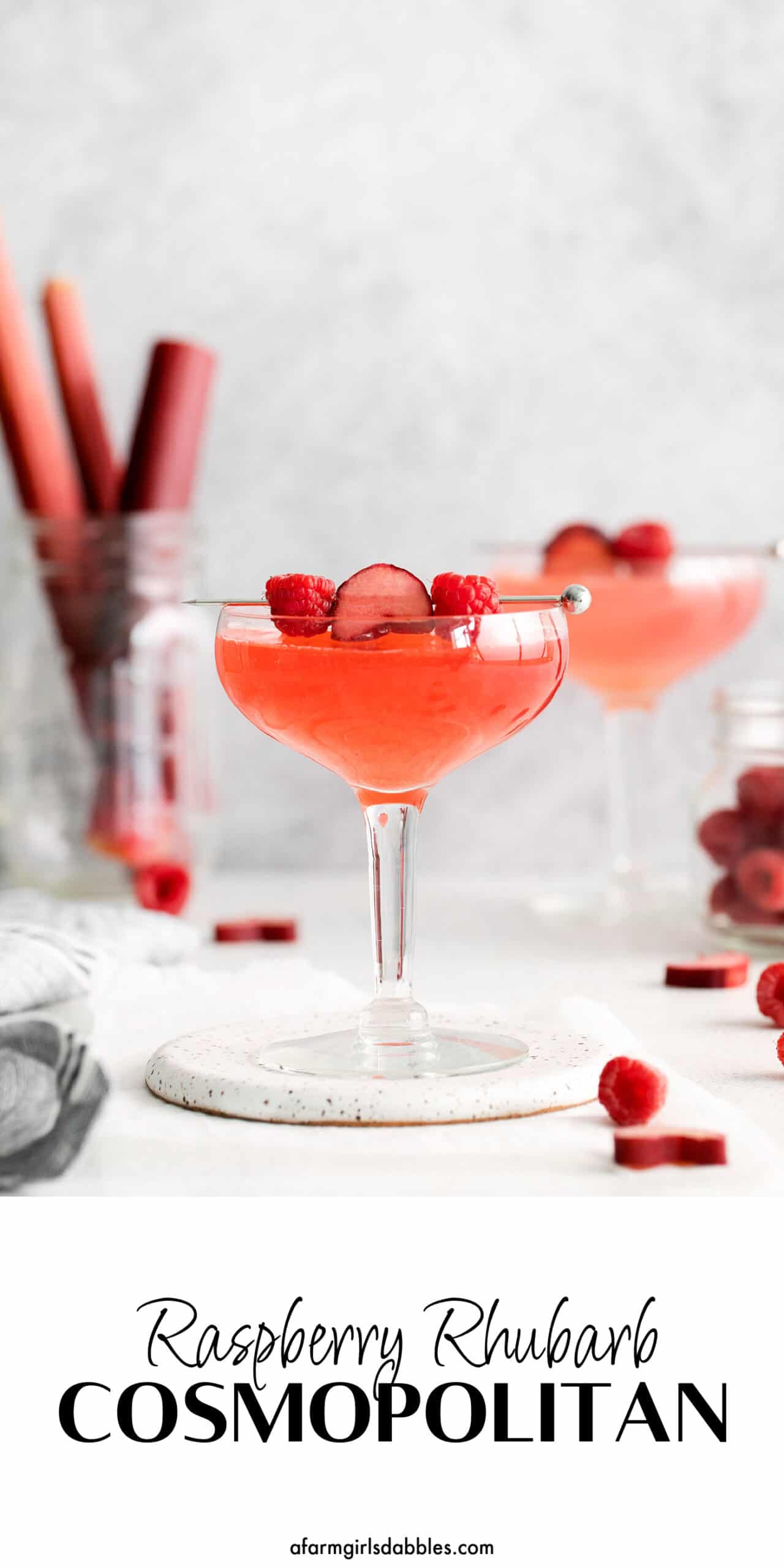 Pinterest image for raspberry rhubarb cosmopolitan