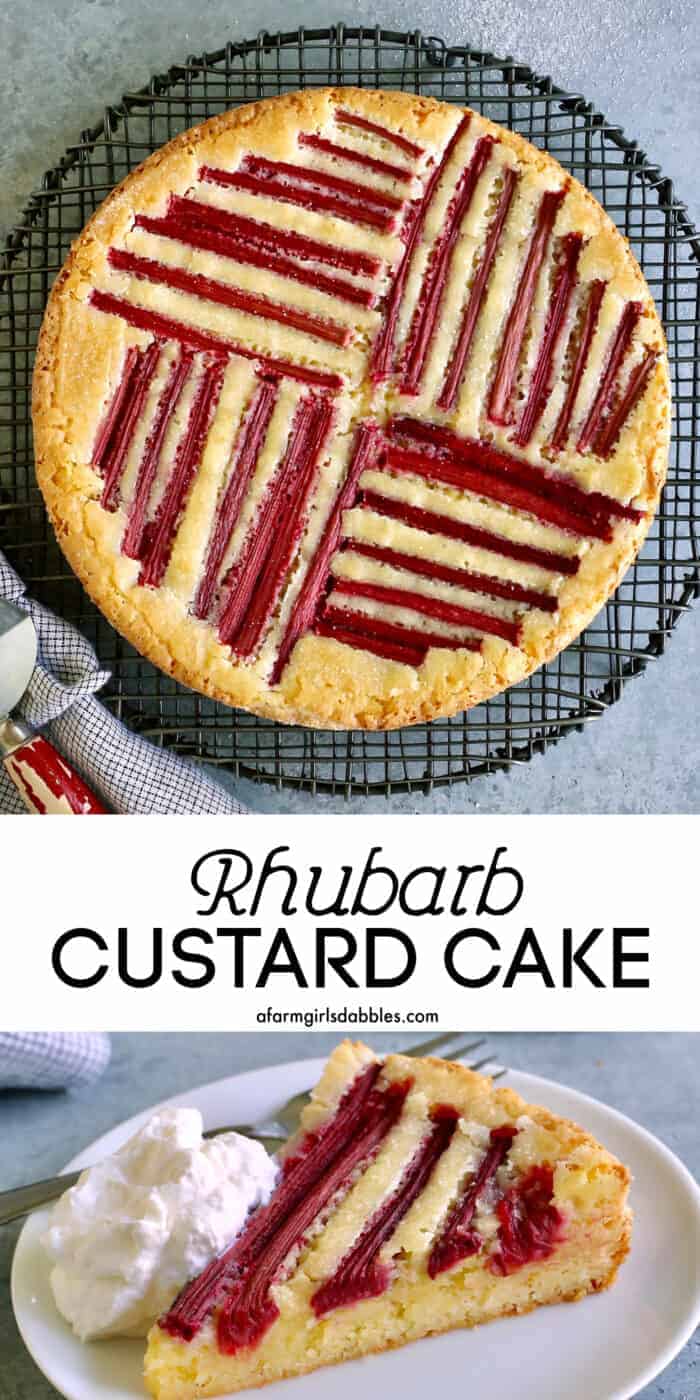 Pinterest image for rhubarb custard cake