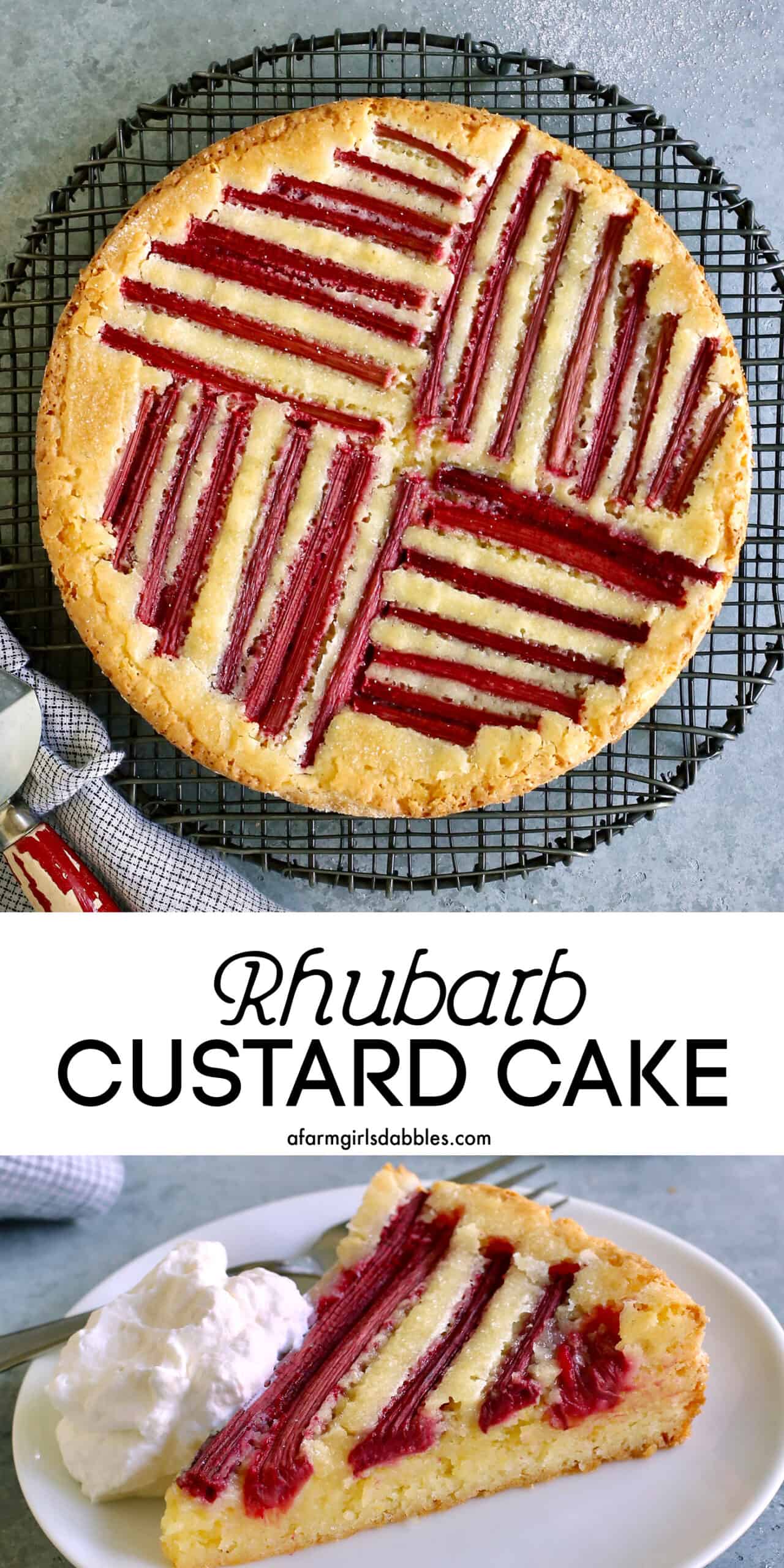 Pinterest image for rhubarb custard cake