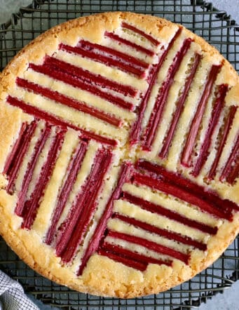 baked custard cake with rhubarb on top