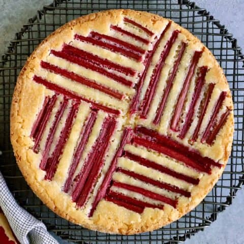 baked custard cake with rhubarb on top