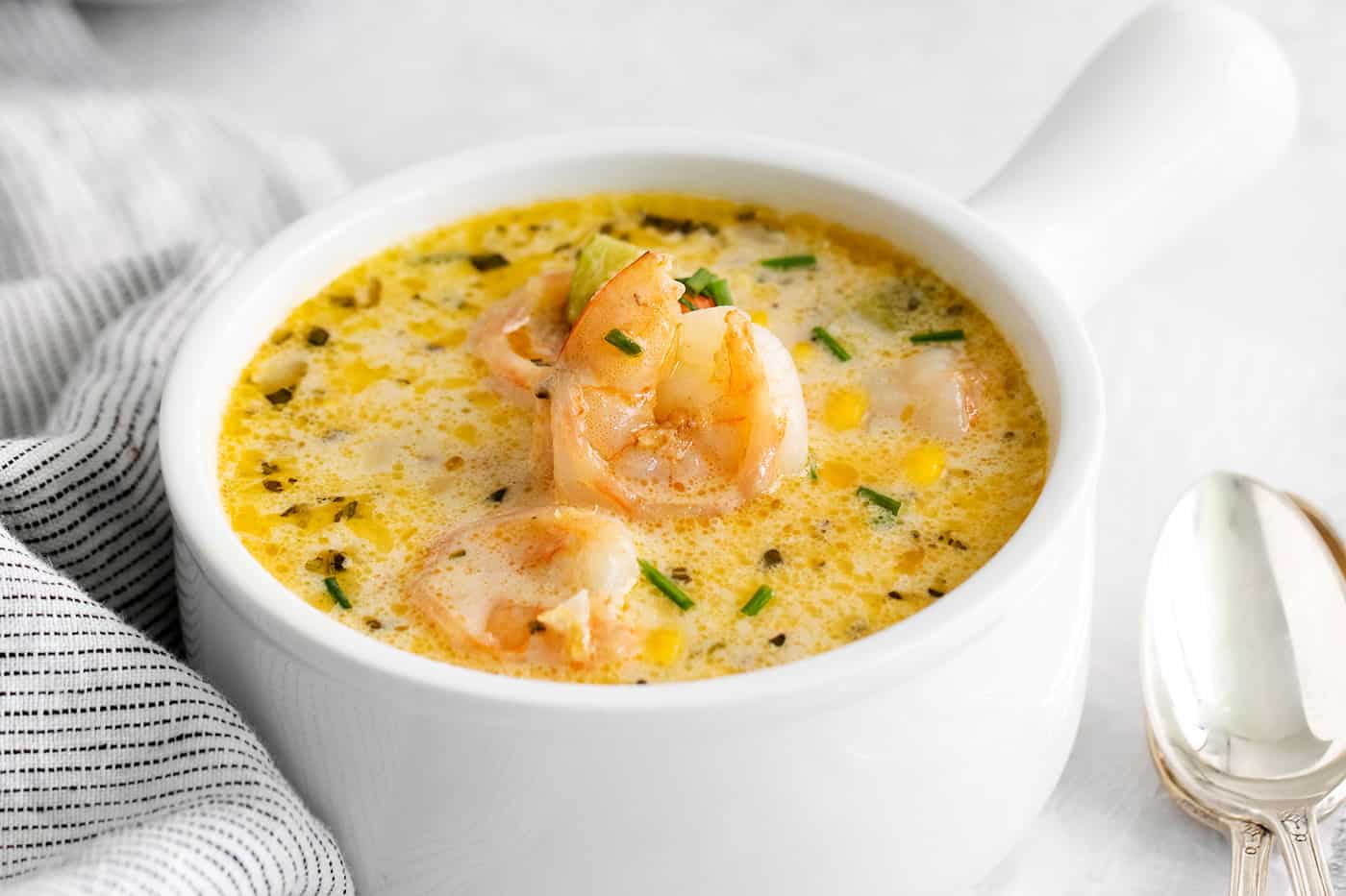 A bowl of shrimp corn chowder