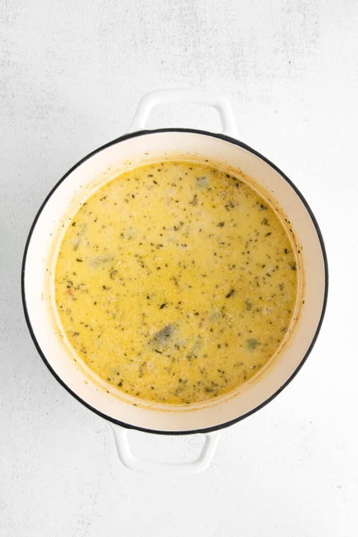 Overhead view of shrimp corn chowder in a pot