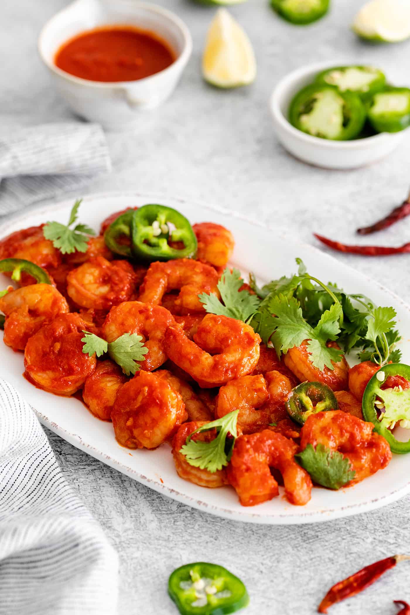 Diablo shrimp on a white serving platter