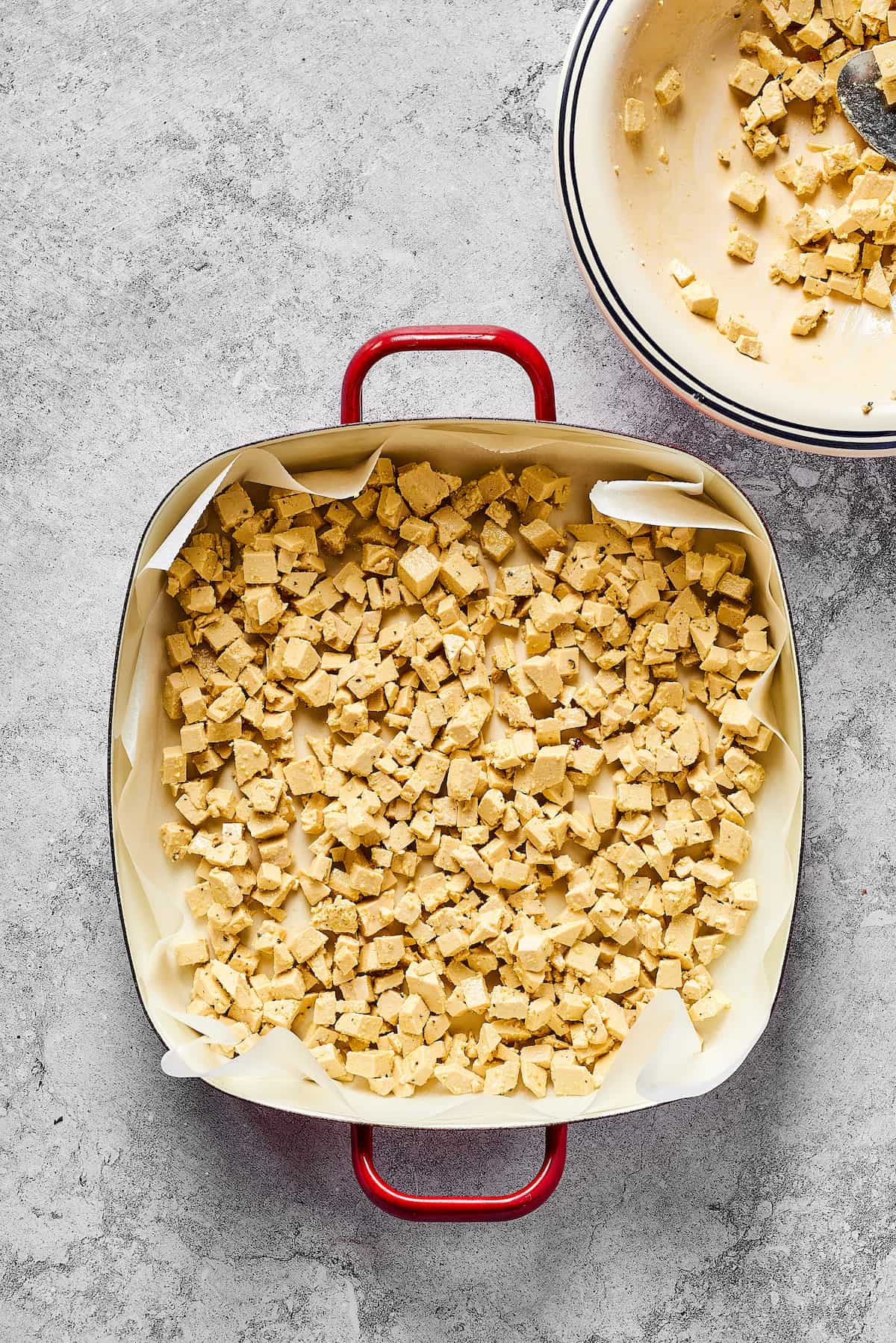 Crumbled tofu in a baking dish