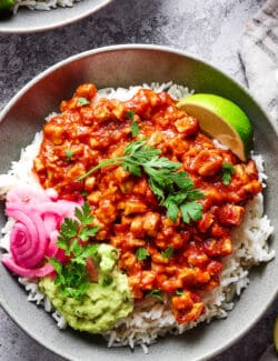 Overhead view of a Chipotle copycat sofritas rice bowl