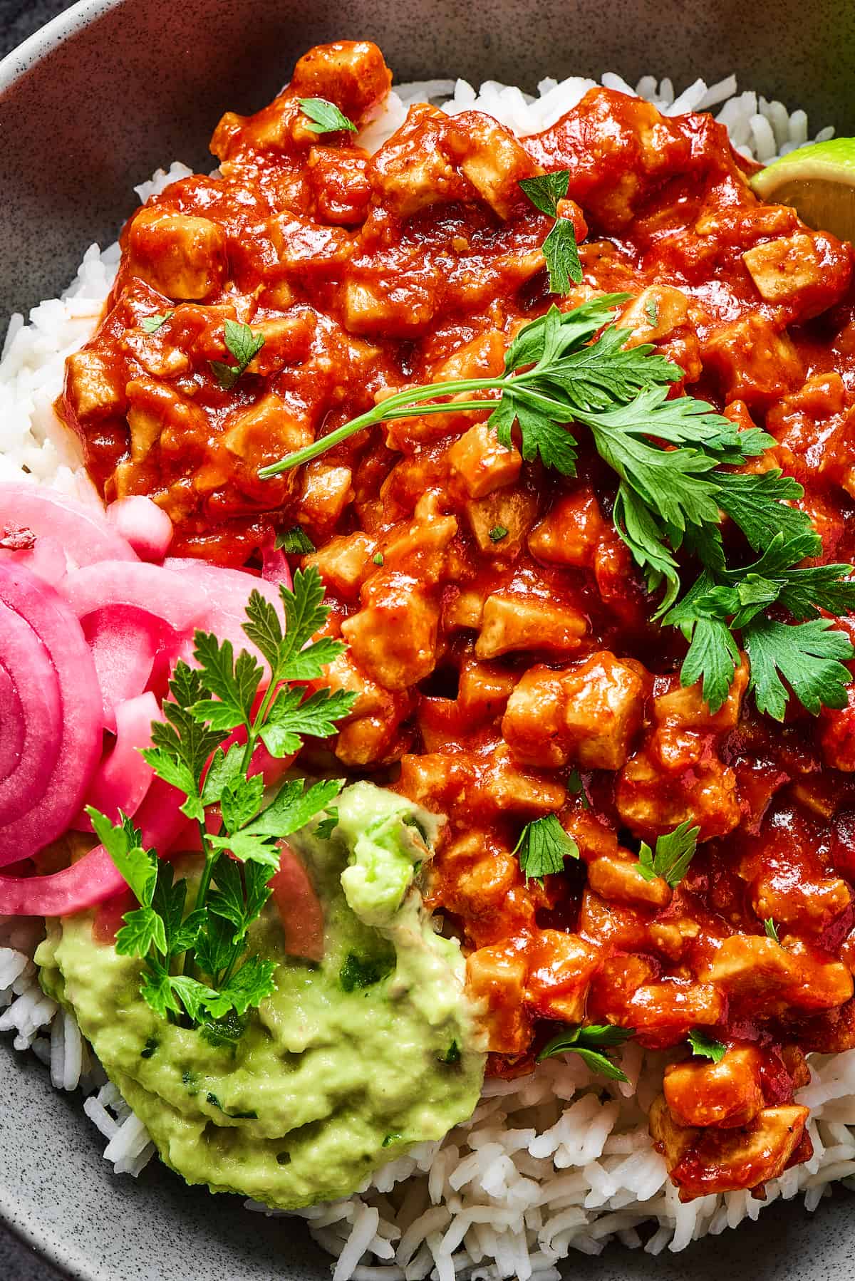 Close-up of a sofritas rice bowl