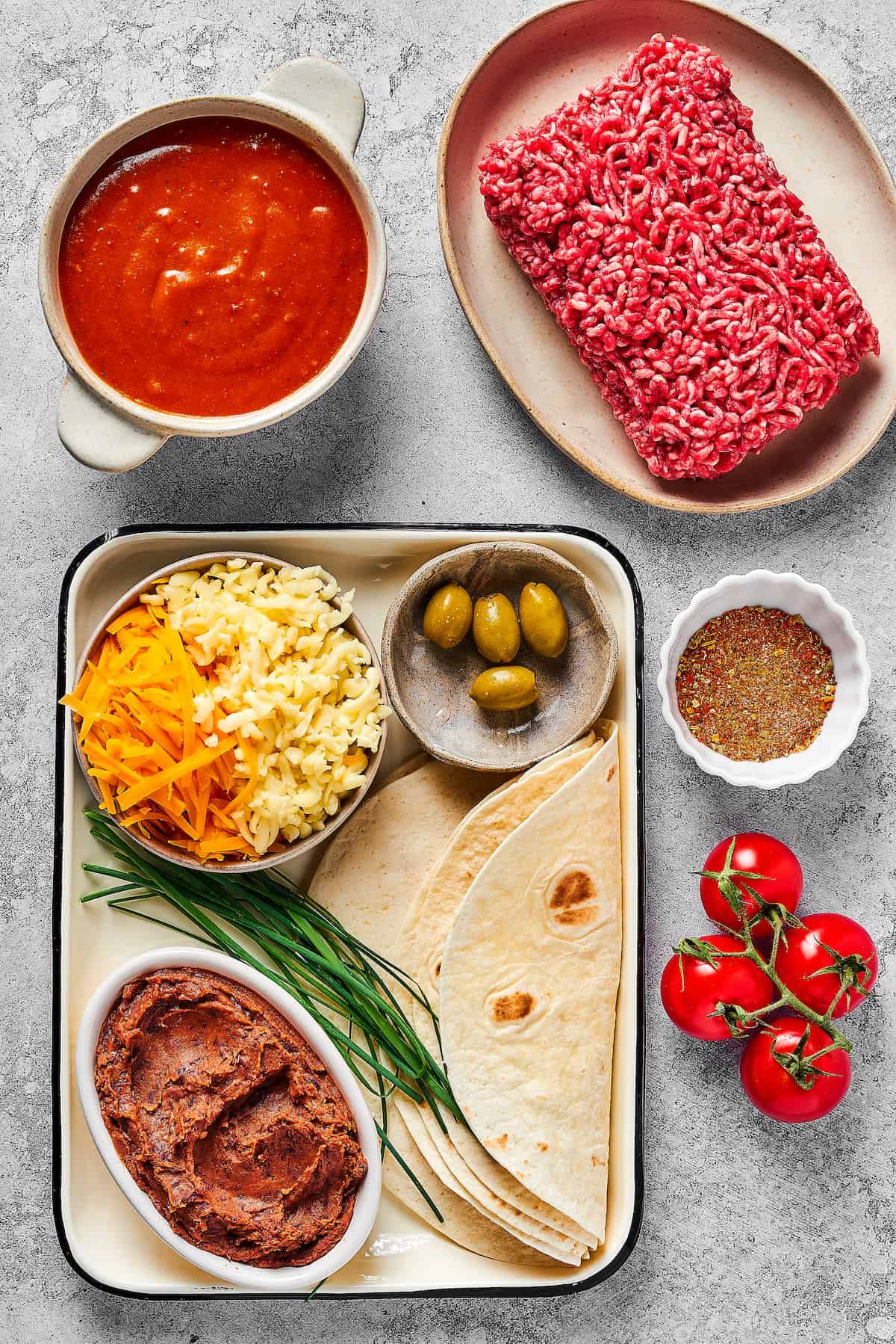 Overhead view of Taco Bell Mexican Pizza ingredients