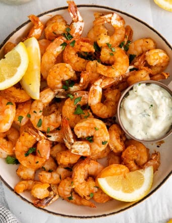 Overhead view of a bowl of air fryer shrimp