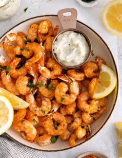 Overhead view of a bowl of air fryer shrimp