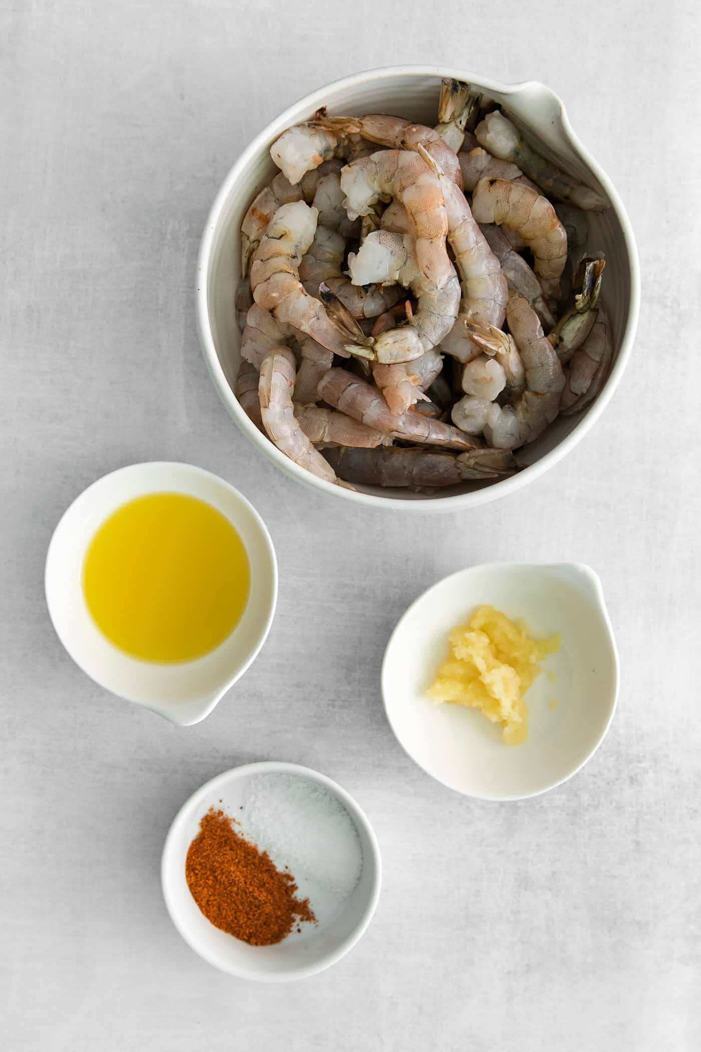 Overhead view of air fryer shrimp ingredients.