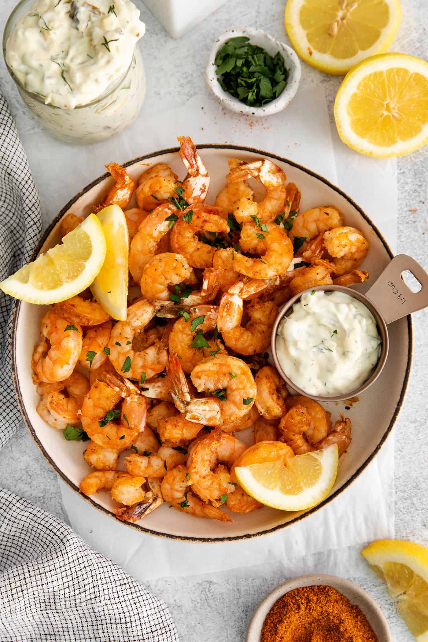 Overhead view of a plate of air fryer shrimp