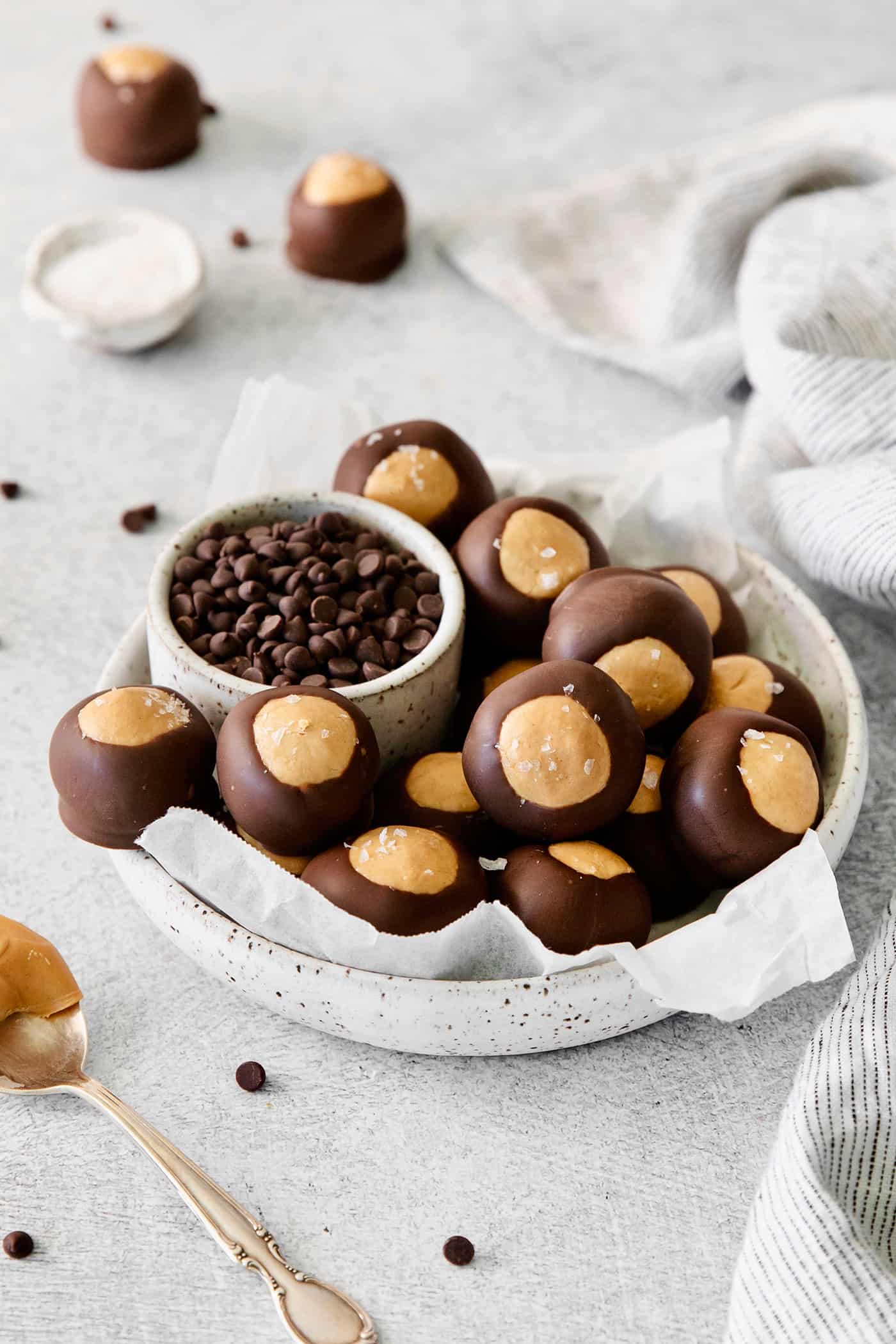 Overhead view of a bowl of buckeyes