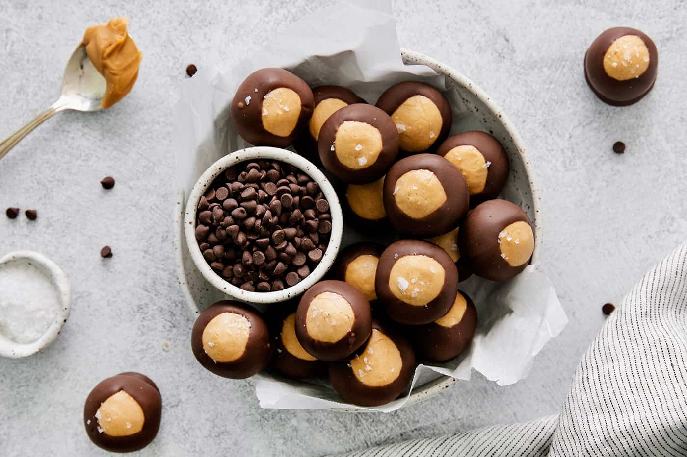 Overhead view of a bowl of buckeye candy