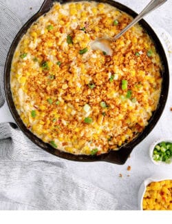 Pinterest image for cheesy skillet scalloped corn