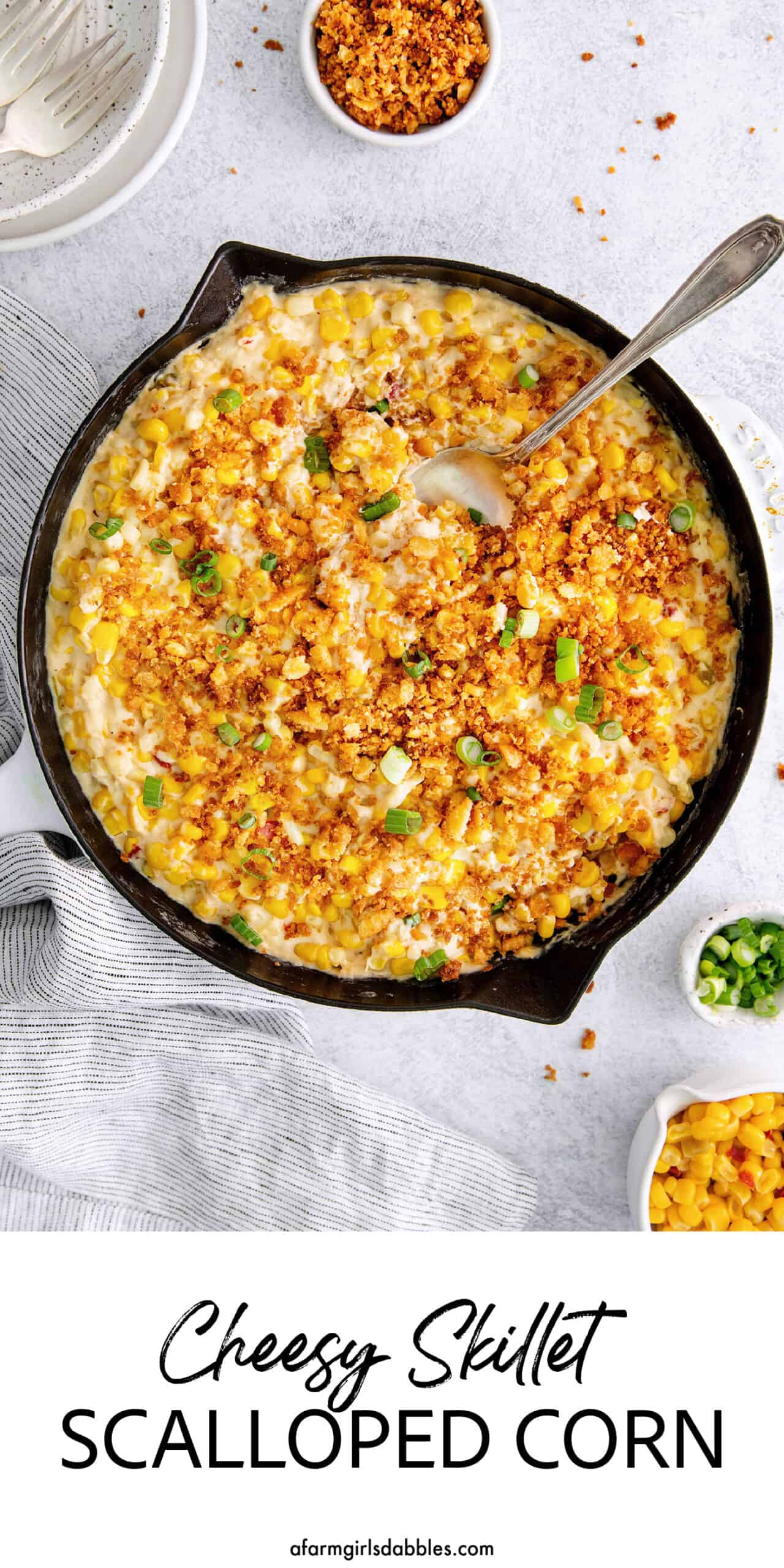 Pinterest image for cheesy skillet scalloped corn